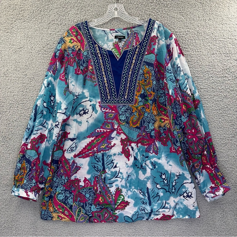 J. Peterman Long Sleeve Embroidered Tunic‎ Top Paisley Artsy Sequins Women's L